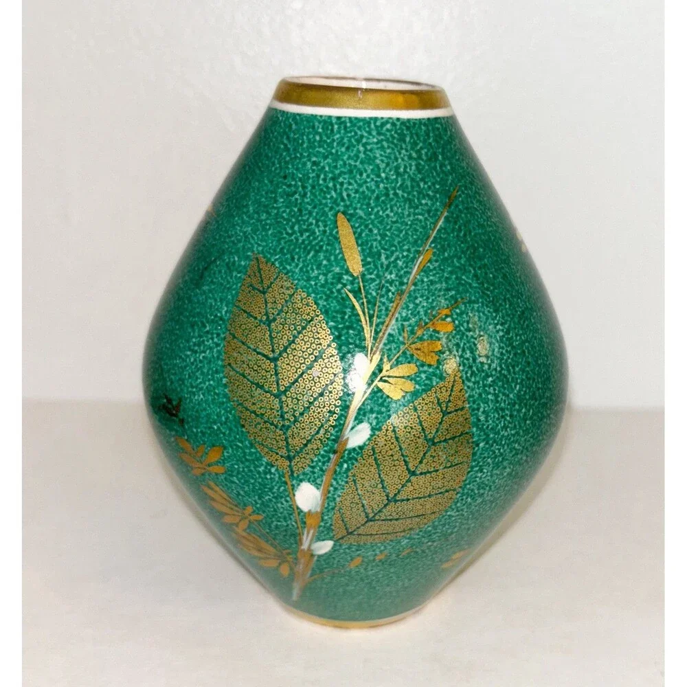 Vintage Walter Stark Hand Painted Green And Gold Vase